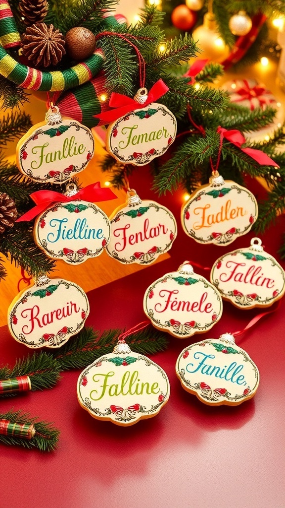 Personalized Christmas ornaments with names, displayed on a festive table with holiday decorations.